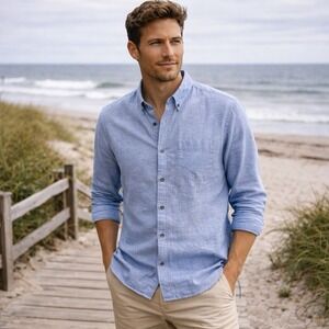 Huckberry Wills Wrinkle-Free Linen Blend Long Sleeve Shirt Marled Blue XL $118